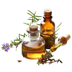 Two amber glass bottles of herbal oil, with cork stoppers, sit amongst sprigs of dried herbs and flowers.  A dropper bottle is visible, adding to the natural theme