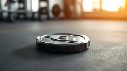 A single weight plate resting on a gym floor, showcasing metallic reflections and minimalistic design.