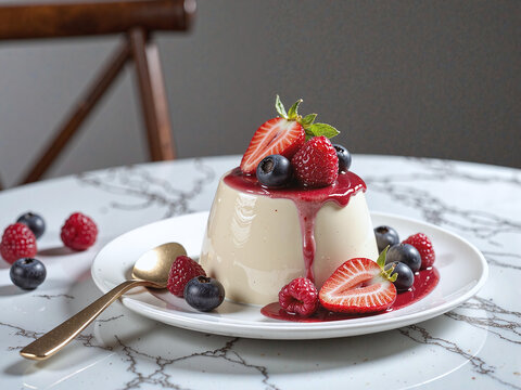 Vanilla pudding topped with berries and gold accents, shot on marble from a stylish 45-degree angle.