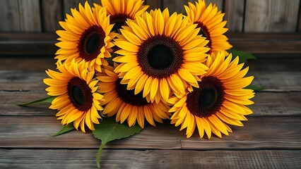 Sunflower bouquet on a rustic wooden surface, glowing with warm golden tones.