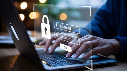 Person typing on laptop with digital security interface and padlock icon