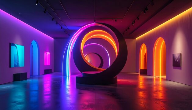 Futuristic Art Installation with Concentric Neon Rings and Glowing Arches - Powered by Adobe