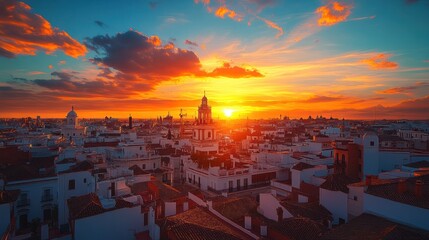 Sevilla Sunset Panorama: A Breathtaking Aerial View of the City's Skyline Bathed in Golden Hour Light