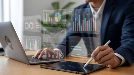 Businessman analyzing financial data with holographic charts and graphs on a digital interface