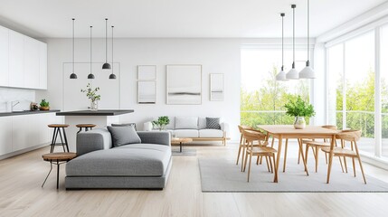 Bright, modern open-plan living and dining area with minimalist furniture, large windows, and natural light.