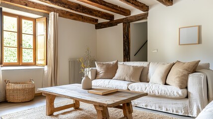 A cozy living room with rustic wooden beams, a light sofa adorned with beige cushions, a wooden coffee table, and a basket near a large window letting in natural light.