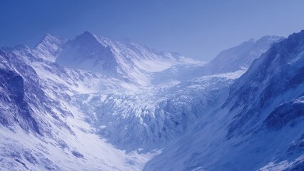 Majestic mountains rise in distance with glaciers and icebergs glistening under serene blue sky creating breathtaking winter landscape
