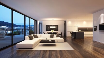 A modern, spacious living room with floor-to-ceiling windows, elegant furniture, a dining area, and an open kitchen featuring sleek design and wooden flooring.