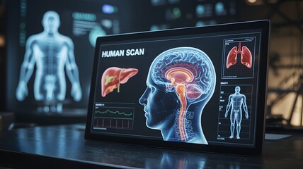 Medical scan displaying human anatomy and brain activity in futuristic technology