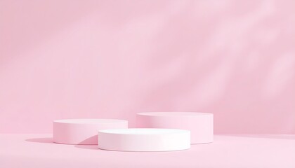 Three pink cylindrical podiums on a pink surface with soft shadows and a pastel pink backdrop