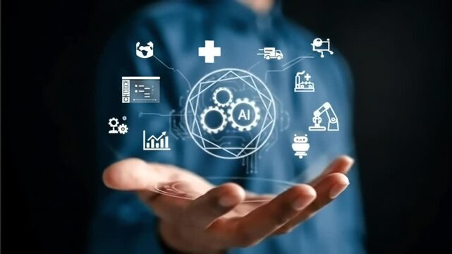 A person's hand holds a holographic projection of AI and diverse industry icons, showcasing the integration of artificial intelligence across various sectors