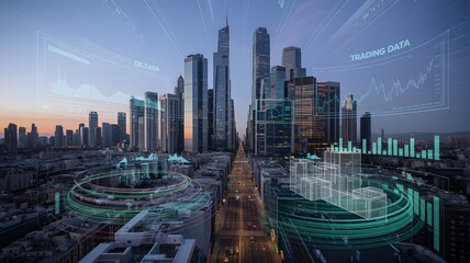 Futuristic cityscape with digital overlay and starry night sky