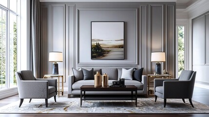 Fototapeta premium Elegant living room with classic gray tones, plush seating, side tables with lamps, and an abstract landscape painting, featuring large windows and sophisticated wall paneling.