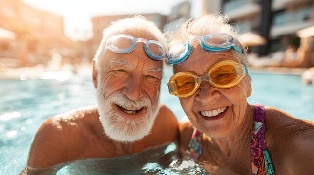 Happy senior couple enjoying a swim in the pool.