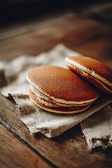 Stack of Dorayaki Pancakes on Linen Cloth, Rustic Wooden Table, Close-Up