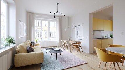 Fototapeta premium Bright modern living and dining area with minimalist furniture, light wood flooring, large windows, and neutral tones creating an airy, cozy atmosphere.