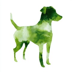 Fototapeta premium Green Watercolor Dog Silhouette on White
