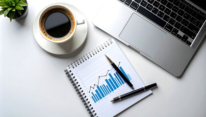 Top-down view of business desk with laptop coffee cup plant graph and pens on white surface
