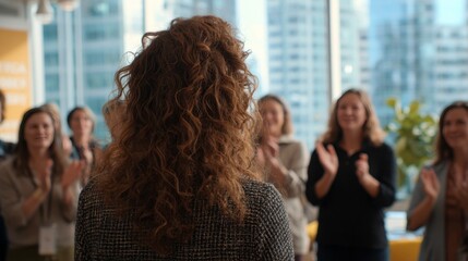Woman Speaking to Applauding Audience in Office Setting
