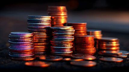 Stacks of colorful coins glowing on dark surface at sunset