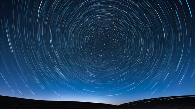 Black silhouette of grass under the night sky with a lot of stars trails. Blue dark night sky with stars moving across the polar pole in the sky. Photographic effect with time lapse.