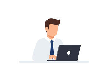 Professional businessman working on a laptop computer at his desk. Office worker, employee, or manager concept illustration.