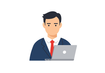 Businessman avatar icon holding a laptop. Professional male employee in a suit working on a computer. Flat vector illustration.