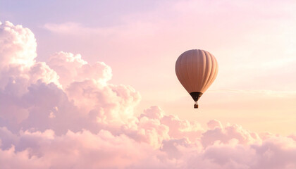 Fototapeta premium Dreamy pastel colored sky with fluffy, cotton candy clouds and a silhouetted hot air 