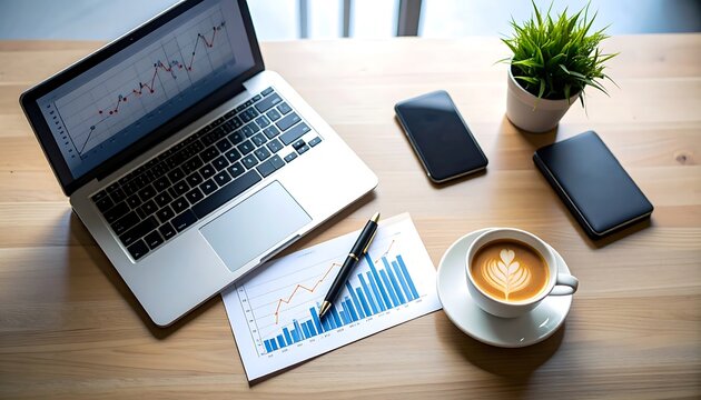 Top-down view of business desk with laptop graph coffee cup pen smartphone and plant on wooden surface