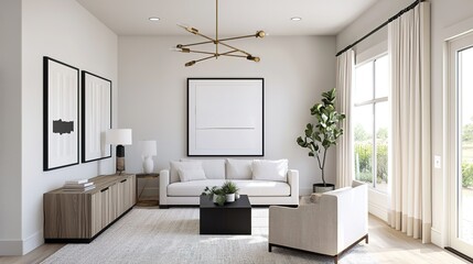 Modern living room with minimalist decor, neutral tones, large windows, a white sofa, armchair, wooden cabinet, abstract art, and indoor plant.