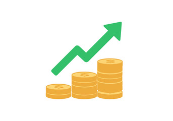 An illustration of increasing coin stacks and a rising green arrow symbolizing economic growth, business success, and financial profit.