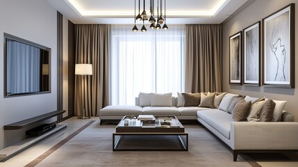 Modern living room with large sectional sofa, neutral tones, floor-to-ceiling curtains, wall art, flat-screen TV, and contemporary lighting fixtures.