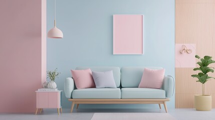 A pastel-themed living room with a light blue sofa, pink cushions, a pink side table, hanging lamp, minimal decor, and a potted plant against a two-tone wall.