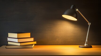 A modern desk lamp illuminates a wooden surface beside a small stack of books against a dark textured wall.