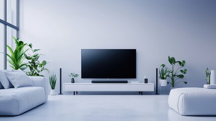 Minimalist modern living room with white sofas, large flat-screen TV, and multiple green plants by a bright window.