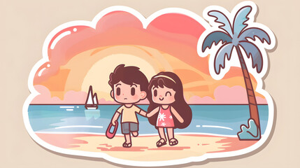 chibi couple walking on beach holding sandals