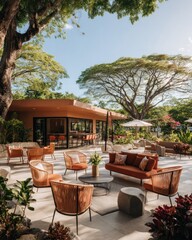 Obraz premium Inviting Outdoor Lounge Area With Modern Furniture Creating A Tranquil Relaxation Effect