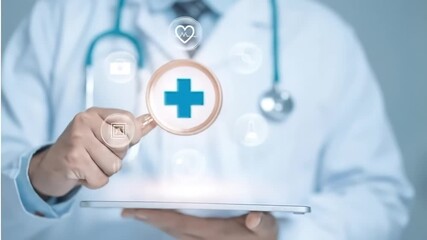 Doctor holding a tablet and a digital healthcare cross symbol, surrounded by medical icons, symbolizing innovative health technology and professional medical services - Powered by Adobe