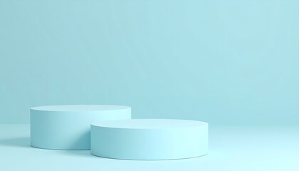 Two light blue cylindrical podiums on a matching background studio setting for product display