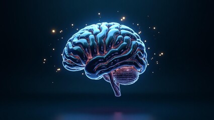 Fototapeta premium A digital human brain glowing with neural network activity, representing the concept of artificial intelligence and consciousness.