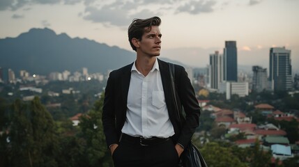 Professional young man in a black suit and white shirt stands overlooking a modern city skyline and mountains at dusk