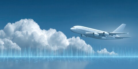 A white commercial airplane flies through a blue sky above clouds and digital data streams