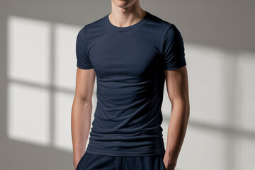 Half Face View Men in Navy Blue T-Shirt Mockup