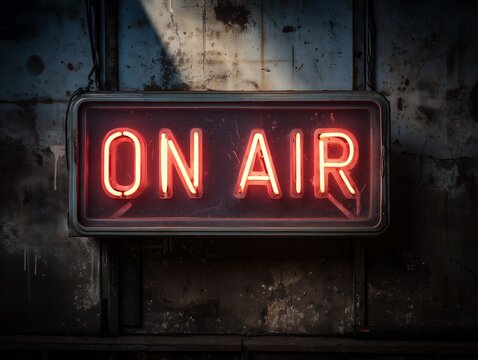 Illuminated neon sign displaying 'ON AIR' against a textured wall backdrop, concept for live broadcasting, studio recording and radio communication - Powered by Adobe