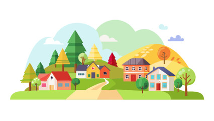 A charming village landscape featuring colorful houses nestled among trees and hills, creating a peaceful and picturesque countryside scene