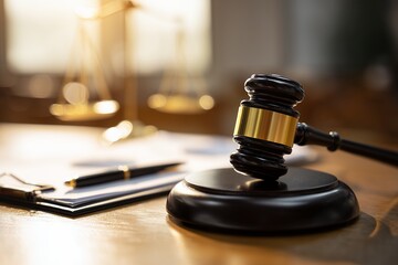 Wooden gavel rests near scales of justice, a pen, and papers on a desk, concept for legal proceedings, justice system representation and dispute resolution