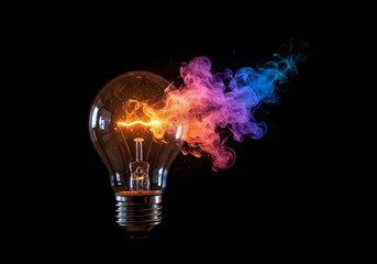 A classic light bulb emits a warm glow, from which vibrant plumes of orange, pink, purple, and blue smoke beautifully dissipate into the darkness