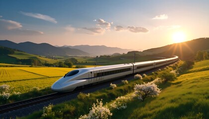 Wide-angle landscape of high-speed train traveling through sunset valley with yellow fields and green hills