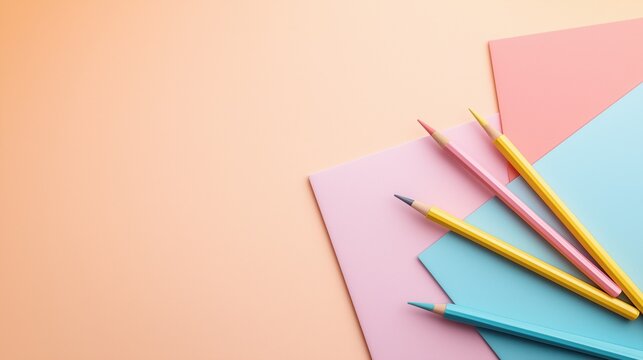 Creative pastel back to school workspace with colored pencils and paper sheets, minimal stationery design, copy space for text, ideal for education, office, or art and craft backgrounds