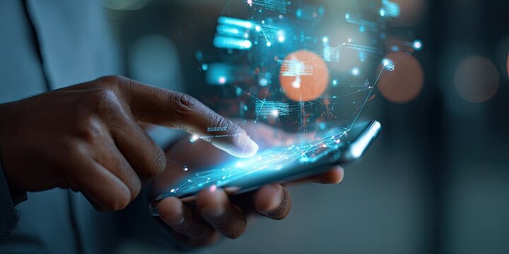 Person interacting with a smartphone displaying a holographic overlay of data connections